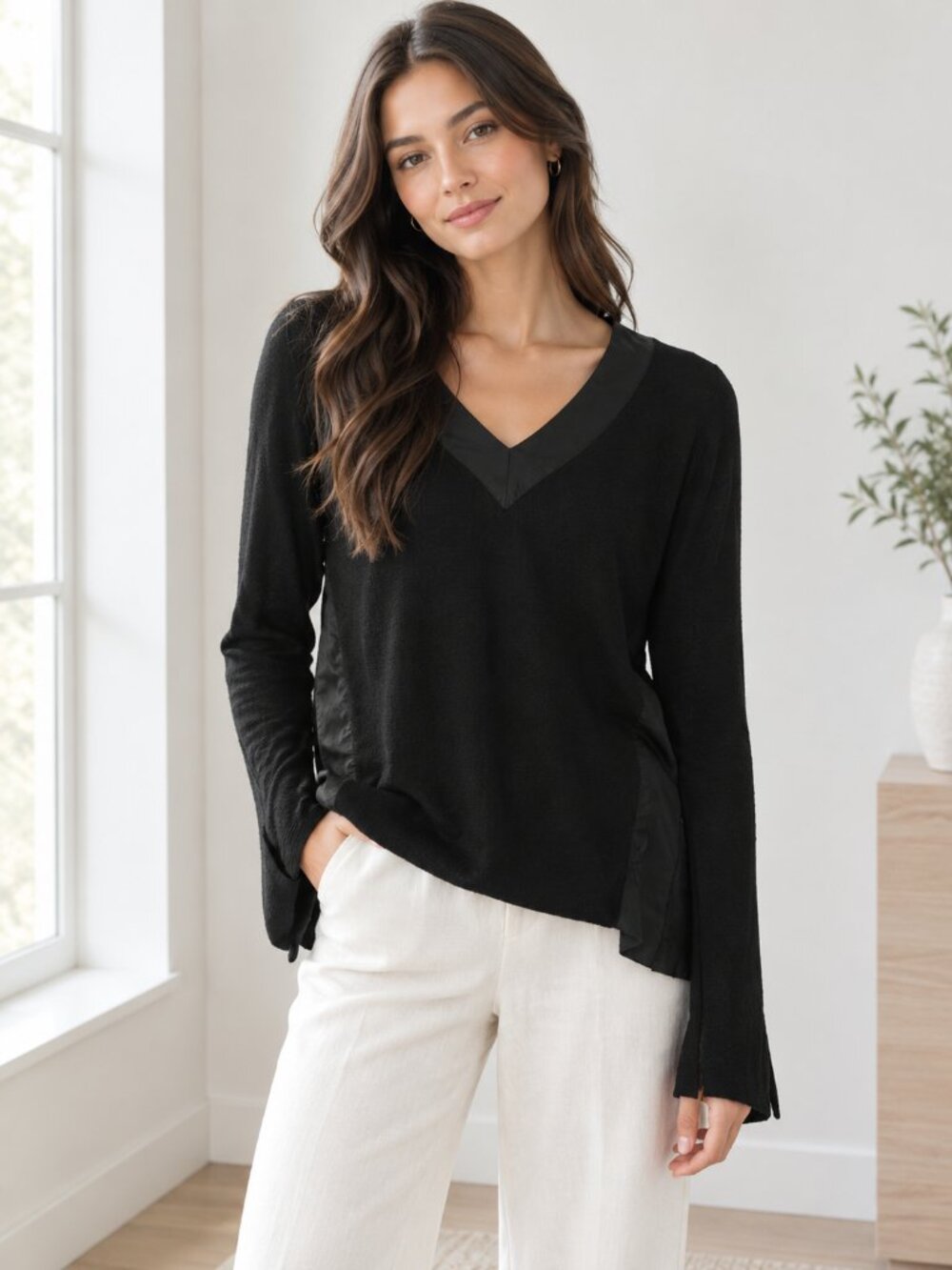 Balenciaga Black V-Neck Long Sleeve Knit Top Satin Trim Small 0908